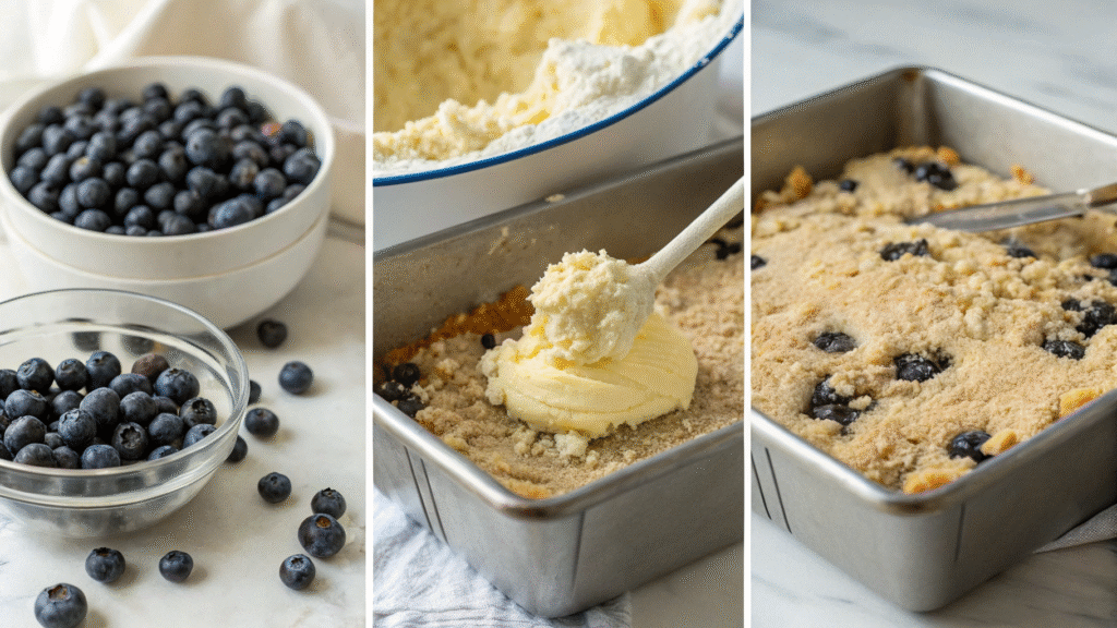 Collage of steps for making blueberry buckle from batter to finished cake.