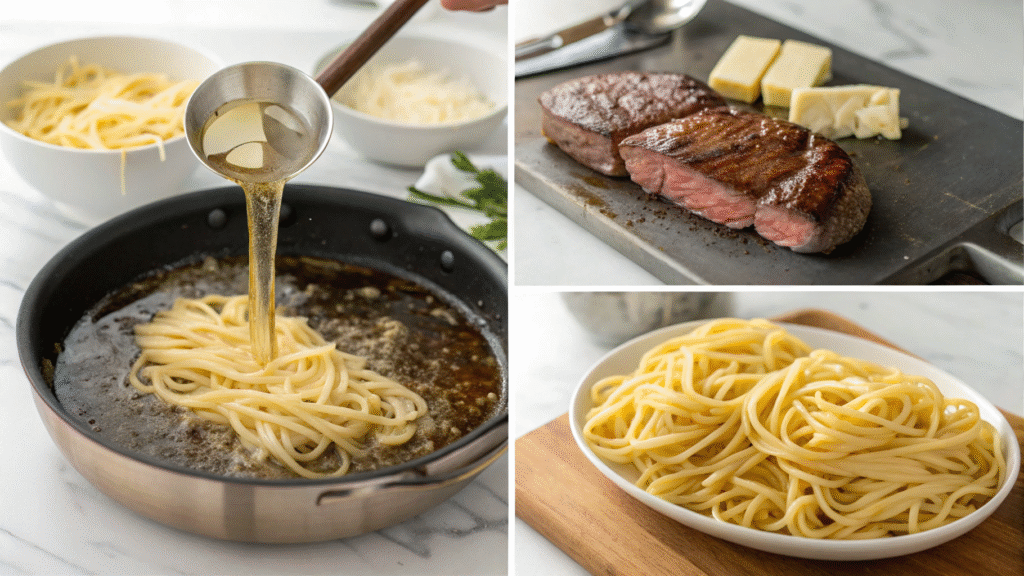 Visual collage of steps to make steak garlic noodles from prep to plating.