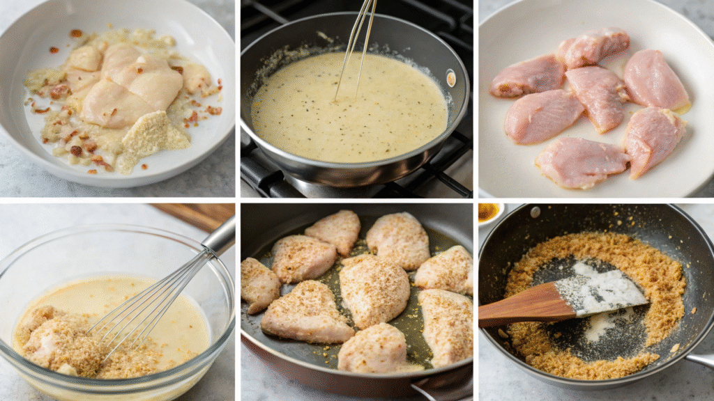 Collage showing preparation steps for creamy parmesan chicken.