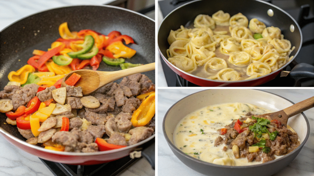 Visual guide showing steps of making Cheesesteak Tortellini: cooking pasta, vegetables, beef, and creamy sauce.