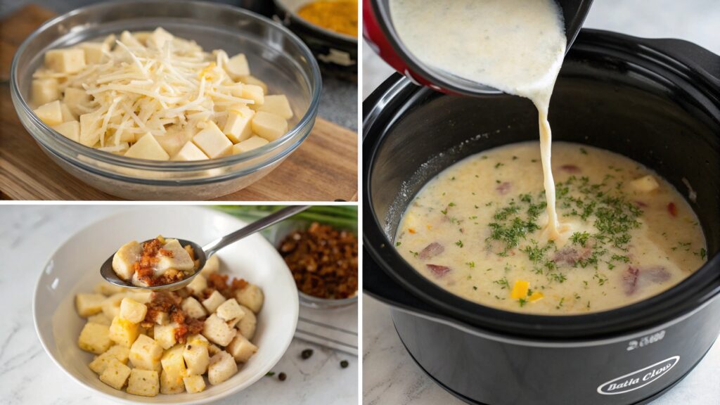 Cooking process for loaded potato soup shown in four simple steps