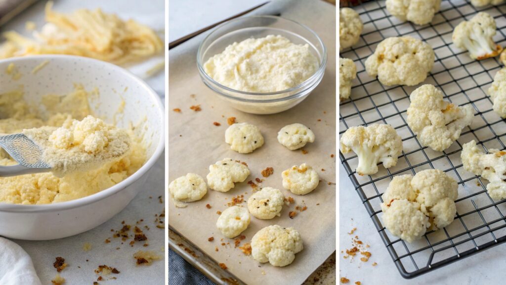 Process collage showing how to make Parmesan Cauliflower Bites from mixing to baking