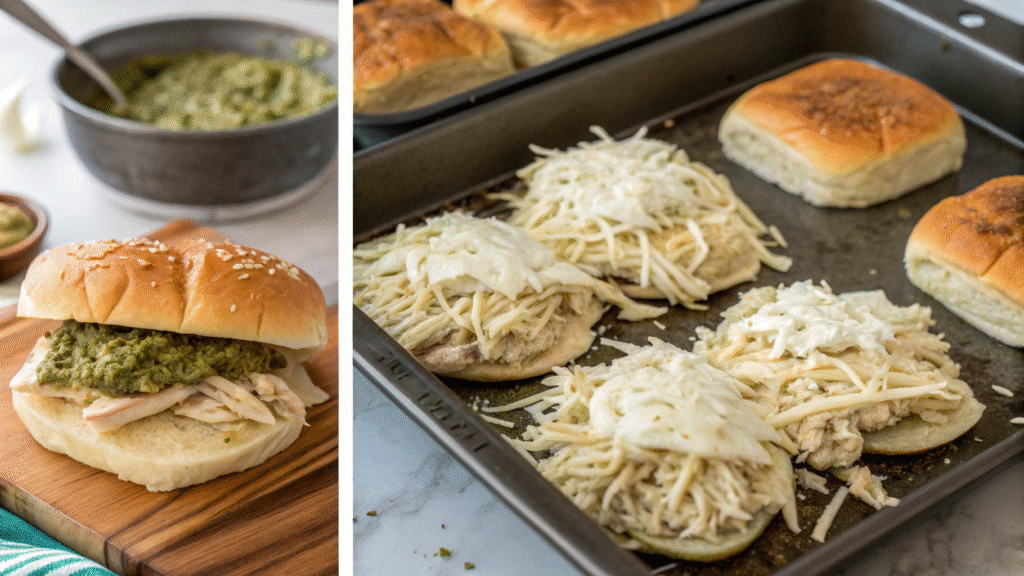 Collage showing cooking, shredding, mixing, and assembling pesto chicken sliders before baking.