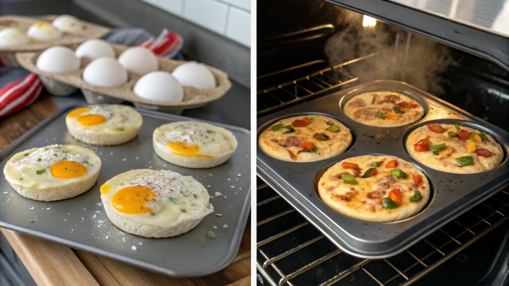 Step-by-step collage of making English Muffin Breakfast Pizzas from start to oven