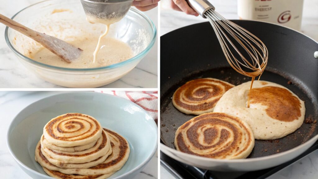 Collage showing steps to make cinnamon roll pancakes from mixing to icing