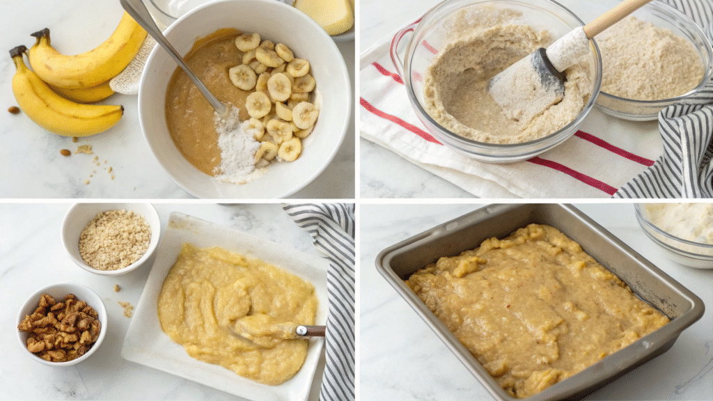 Collage of steps: mashing bananas, mixing batter, filling pan, and baking banana oatmeal bars.
