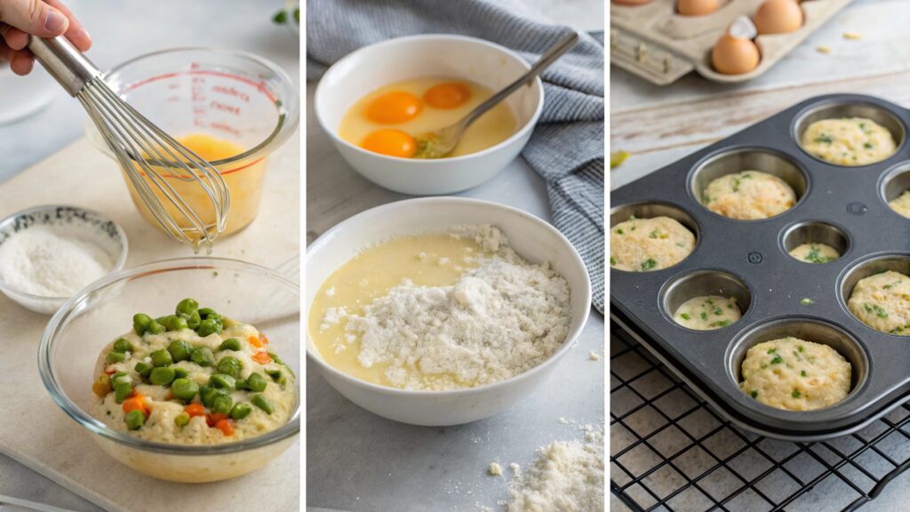 Collage showing the process of making cottage cheese egg muffins step by step