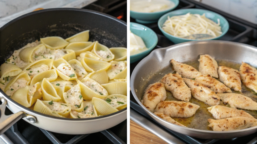 Collage of the cooking process from sautéing chicken to stuffing and baking pasta shells.
