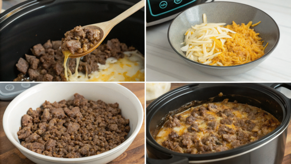 Cooking steps for cowboy casserole from browning beef to mixing and serving.