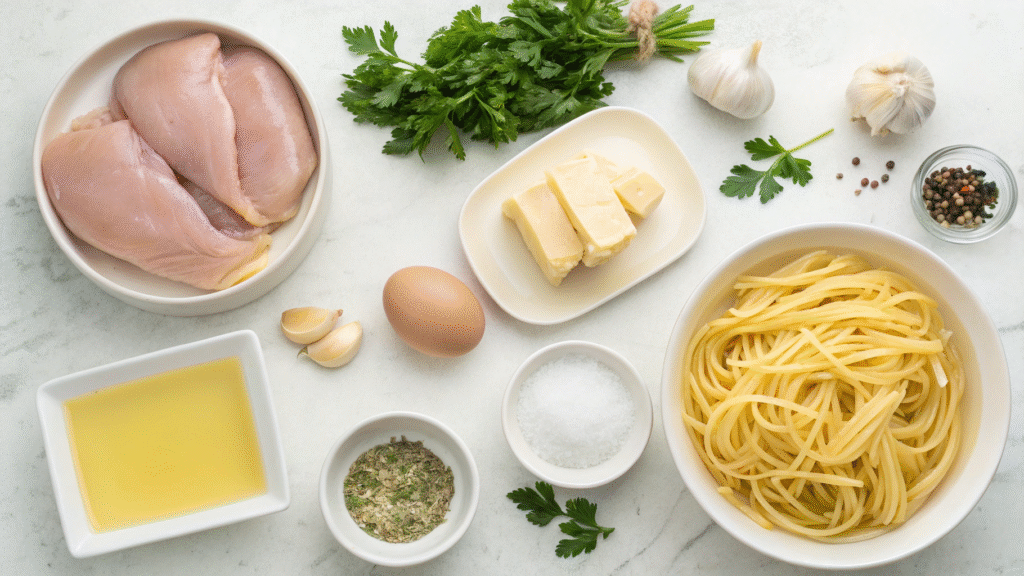 Flat lay of raw ingredients: chicken, egg noodles, butter, parsley, garlic, and broth.