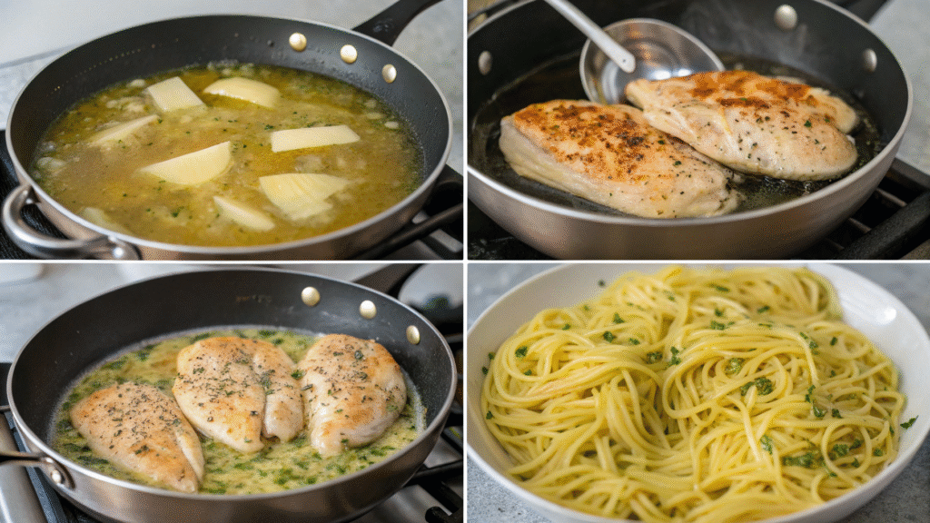 Four images showing cooking chicken, boiling noodles, making butter sauce, and combining all.