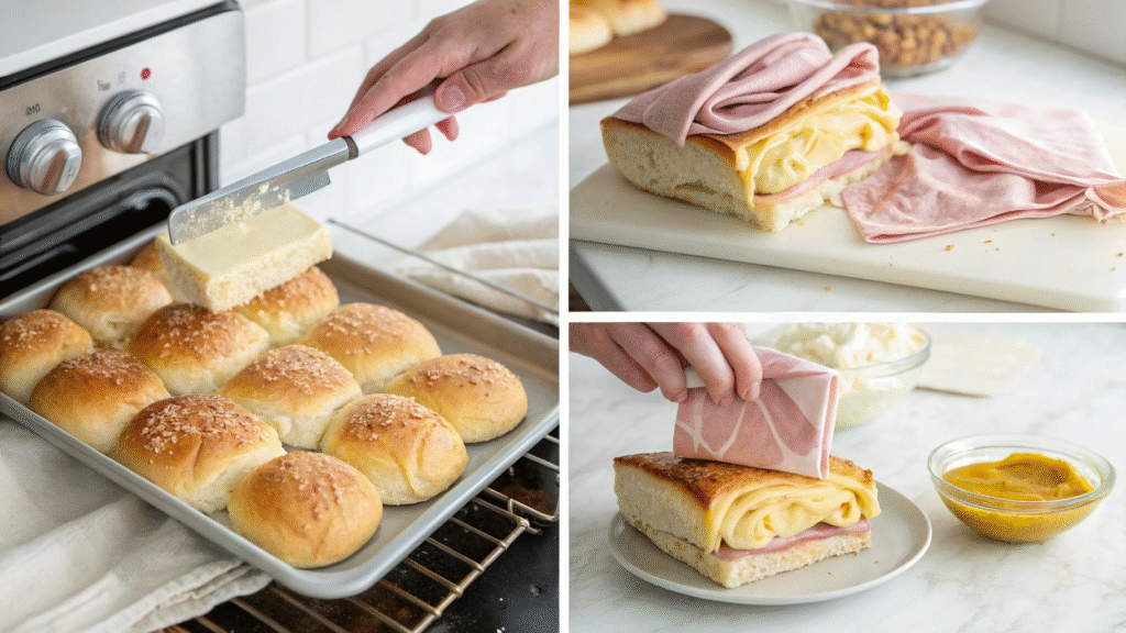A collage showing four key steps in making ham and cheese rolls, from prep to baking.