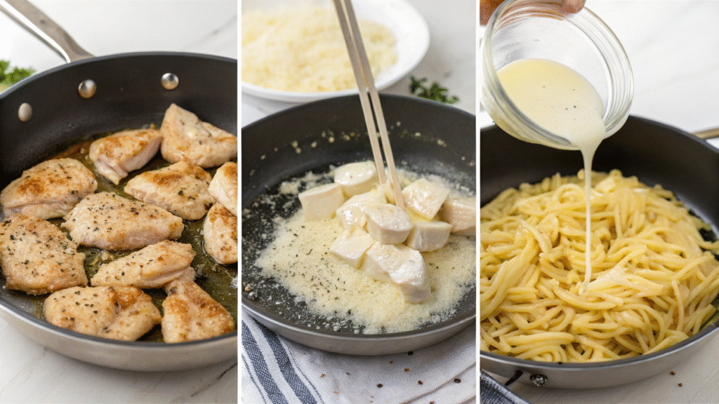 Photo collage showing steps to cook garlic butter chicken and creamy pasta.