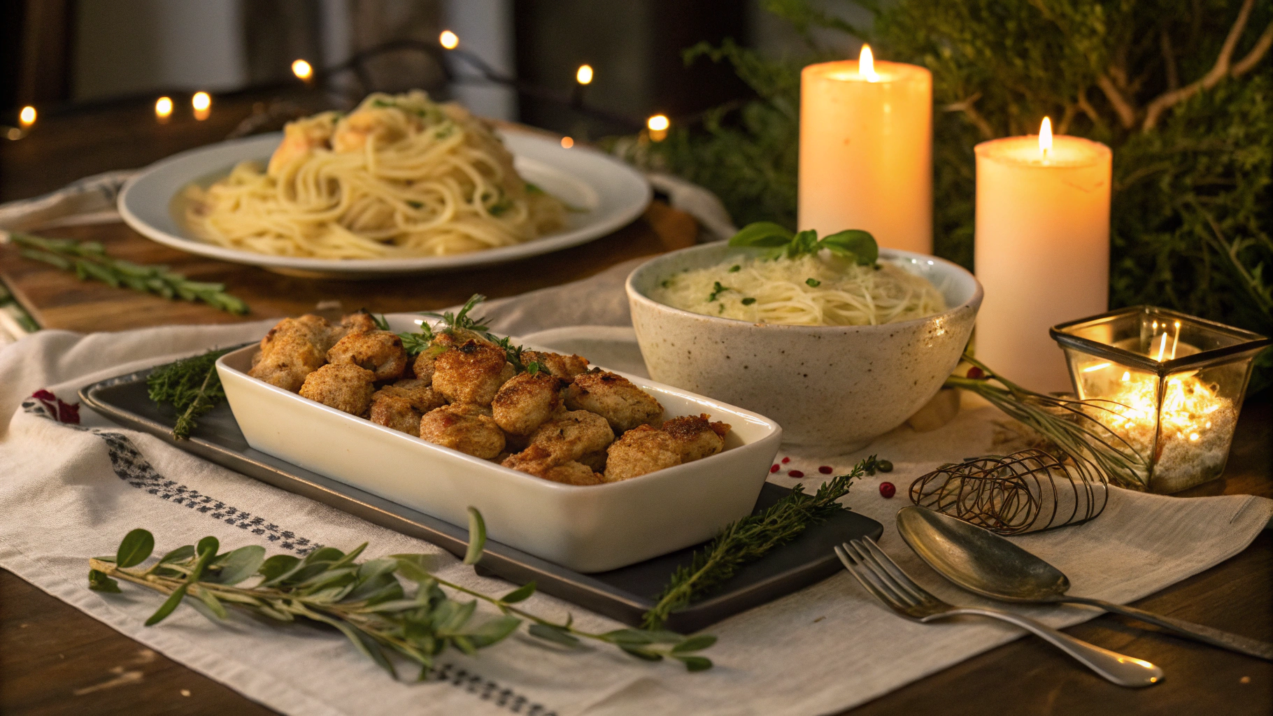 Cozy dinner setting with garlic butter chicken and creamy pasta on a rustic table.