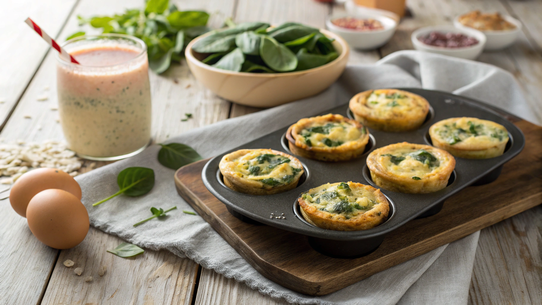 Tray of golden breakfast egg muffins with spinach and cheese surrounded by eggs and herbs on a rustic table.