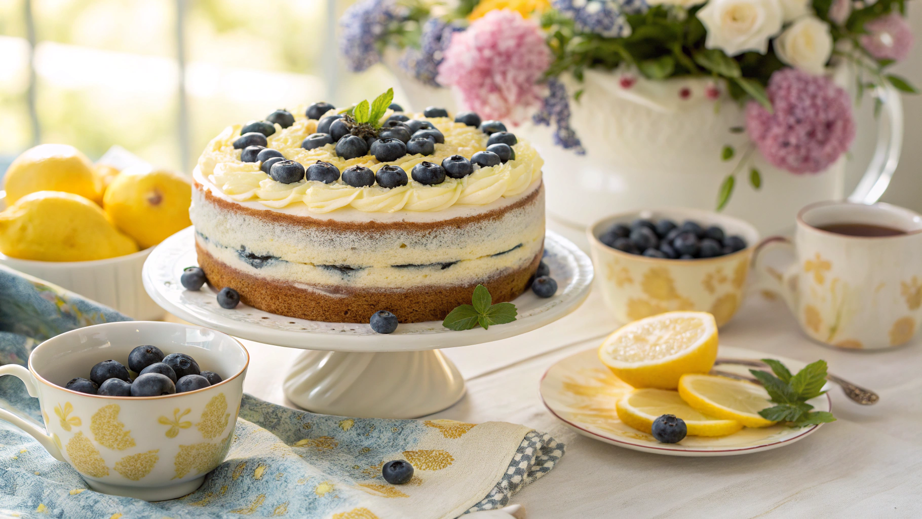 Whole blueberry cake topped with lemon cream cheese frosting and fresh berries on a bright dessert table.