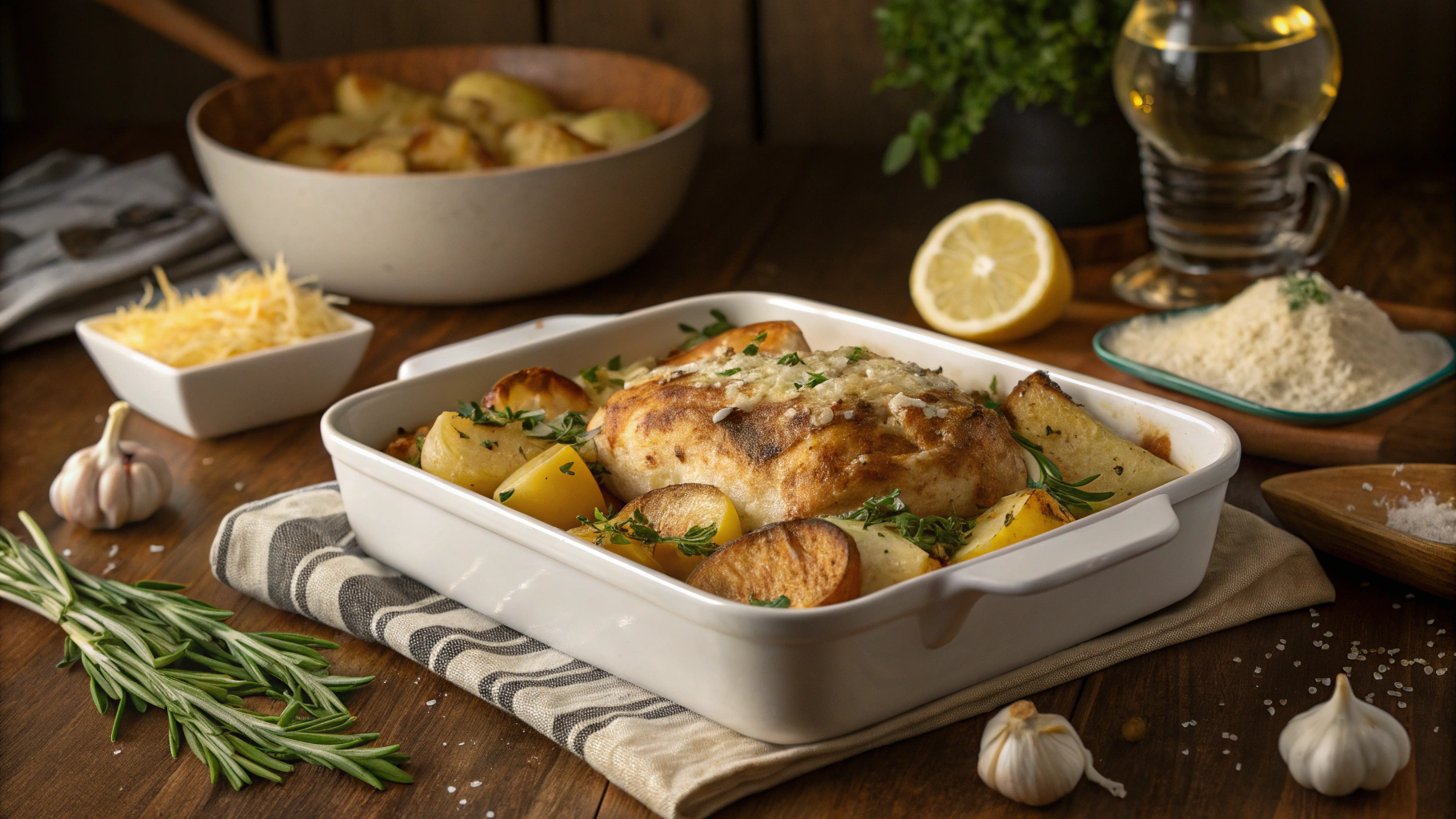 Golden-baked Garlic Parmesan Chicken and Potatoes served in a baking dish on a rustic table with herbs and garlic.