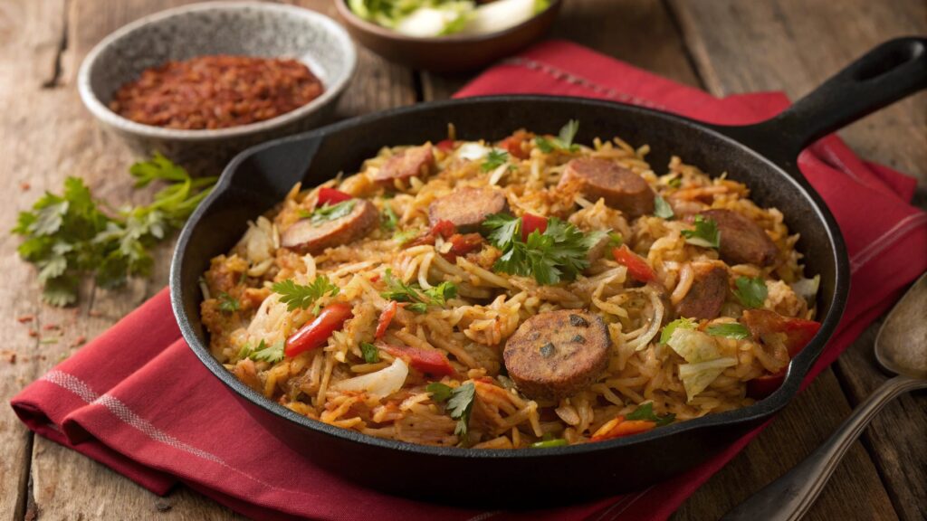 Top view of Cajun Cabbage Jambalaya in a skillet with vibrant spices and vegetables.
