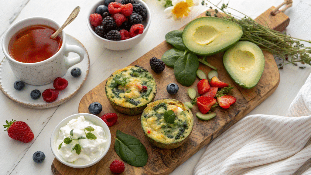 Egg muffins on a wooden board with avocado, berries, and yogurt for a complete Mounjaro breakfast.