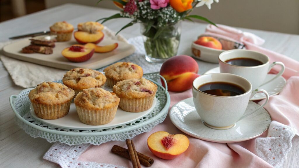 Peach Cobbler Muffins served on a breakfast table with coffee and fresh peaches.