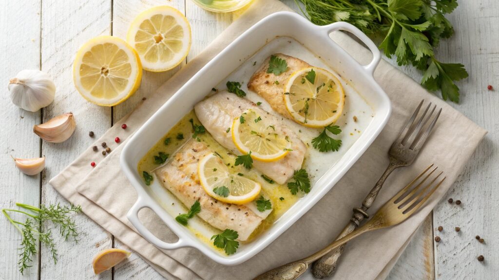 Baked Cod fillets in a white dish with lemon slices and garlic.
