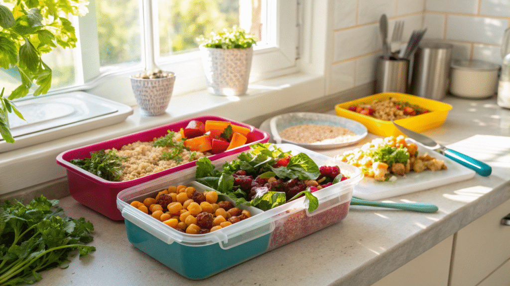 Bright kitchen with Zepbound meal prep containers filled with colorful veggies, quinoa, and greens.