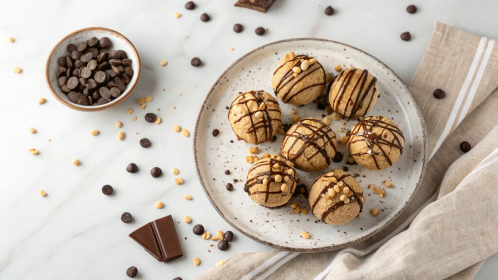 No-Bake Peanut Butter Cheesecake Balls on a plate with chocolate drizzle and peanuts.