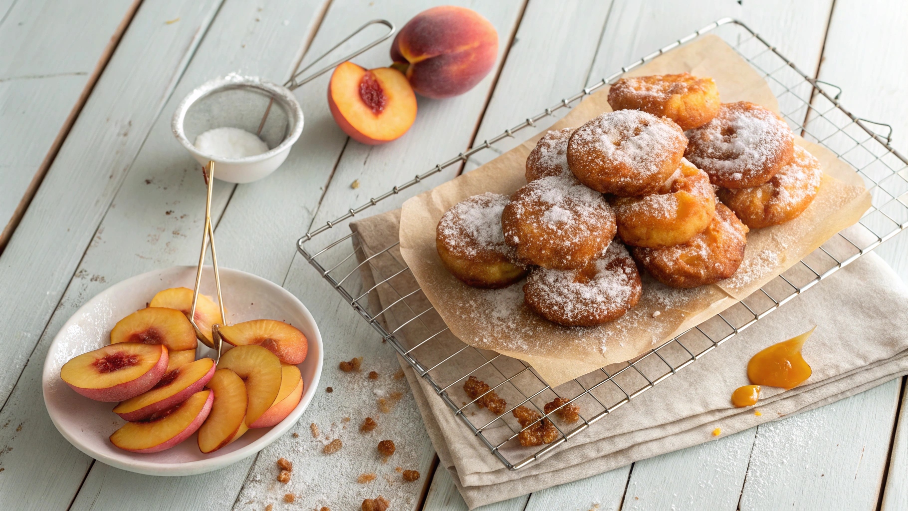 Golden peach fritters on a cooling rack with powdered sugar and fresh peaches.
