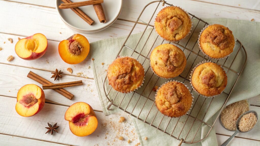 Peach Cobbler Muffins arranged on a rack with fresh peaches and cinnamon.
