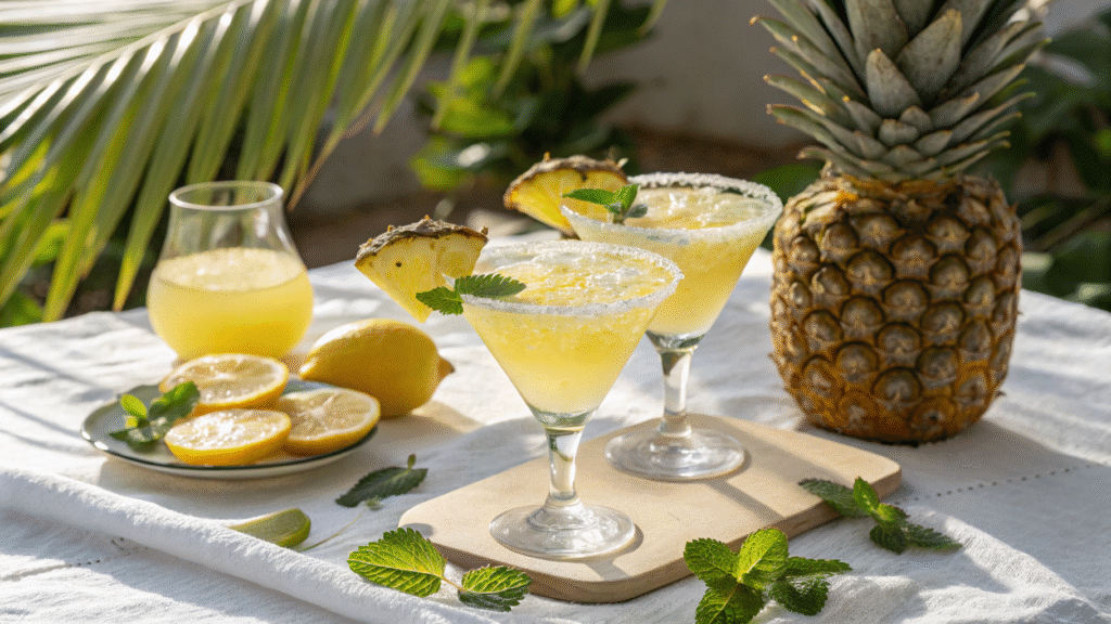 Two tropical mocktails with lemon and pineapple on a sunny table with mint garnish.