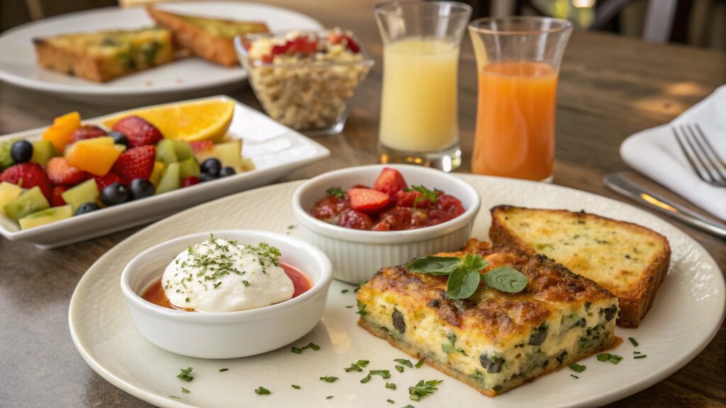 Hash brown casserole served with brunch sides like fruit, salsa, toast, and yogurt.