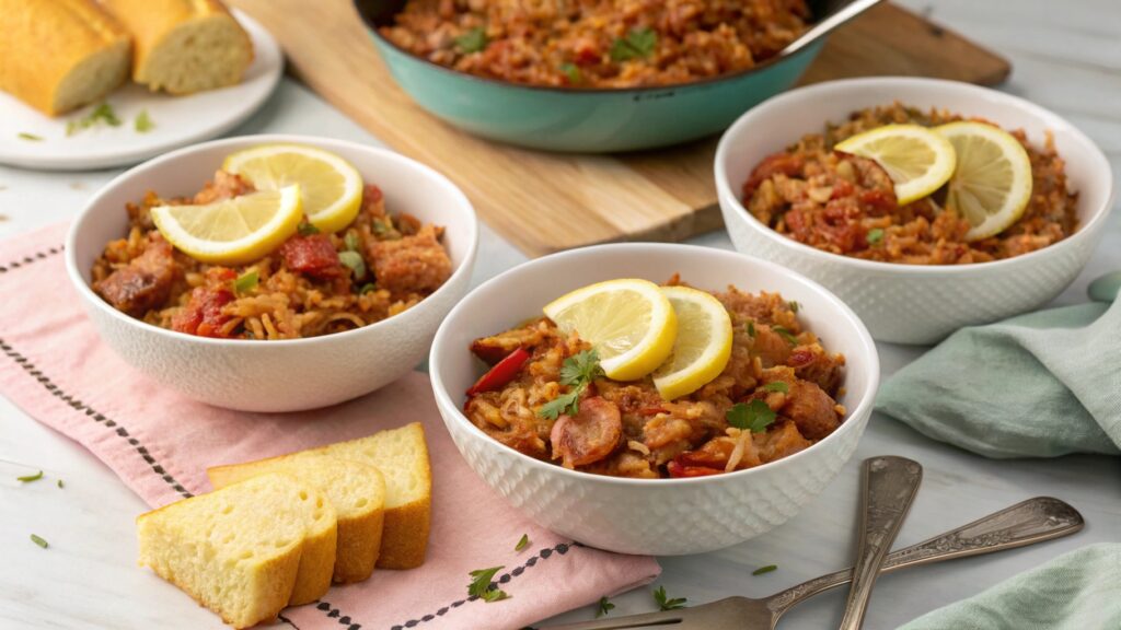 Cajun Cabbage Jambalaya served in bowls with cornbread and lemon wedges.
