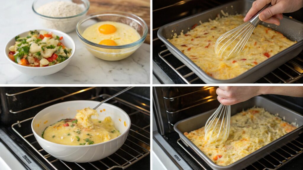 Step-by-step preparation of hash brown egg casserole from prep to bake.