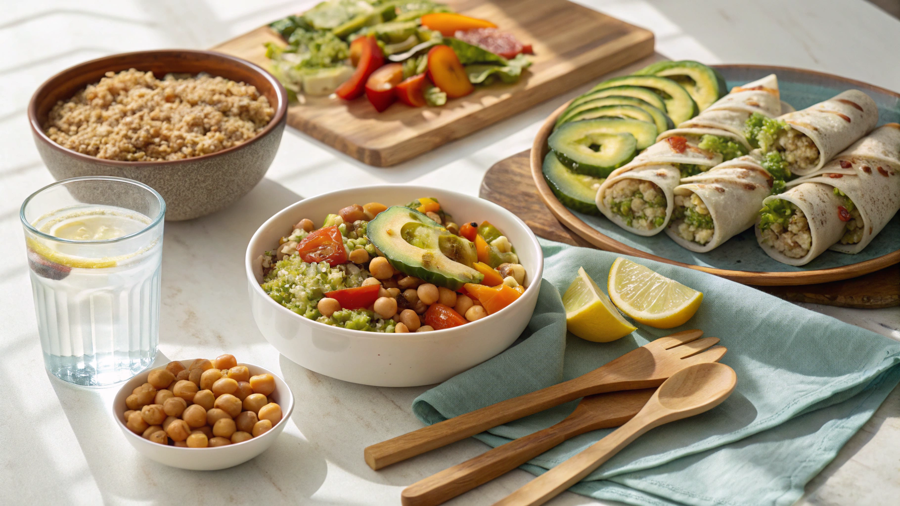 A vibrant spread of healthy Mounjaro-friendly meals on a bright table.