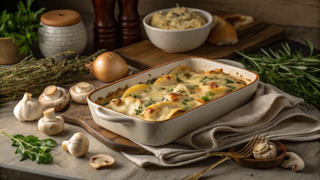 Golden cheesy mushroom stuffed shells in a baking dish with herbs and garlic on a rustic table.