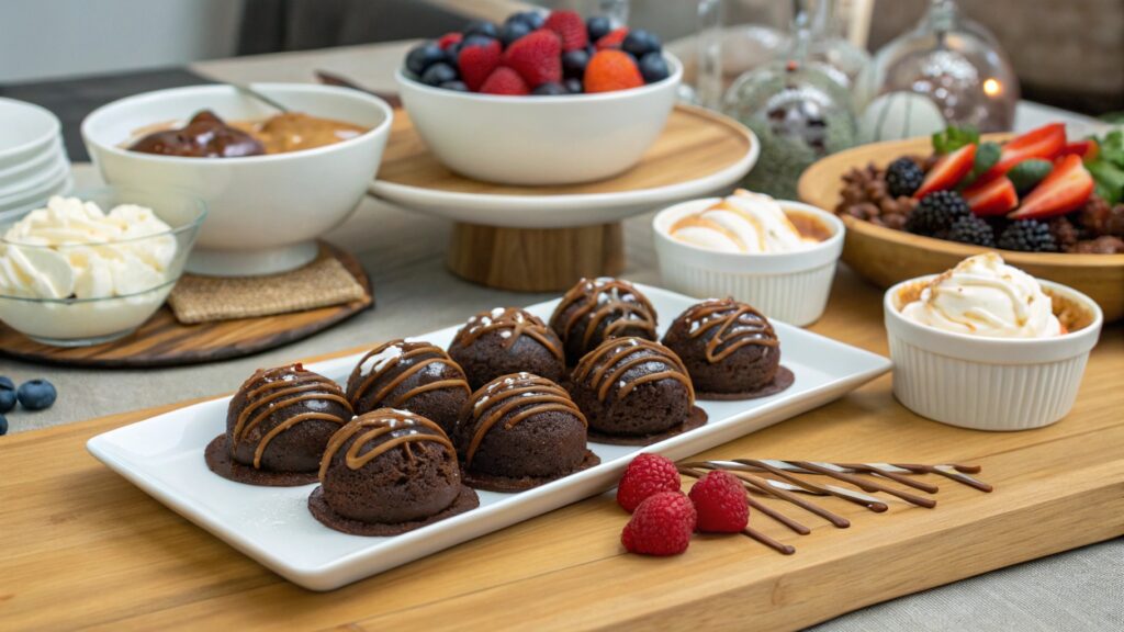 Brownie bombs served with toppings like ice cream and berries on a dessert table.