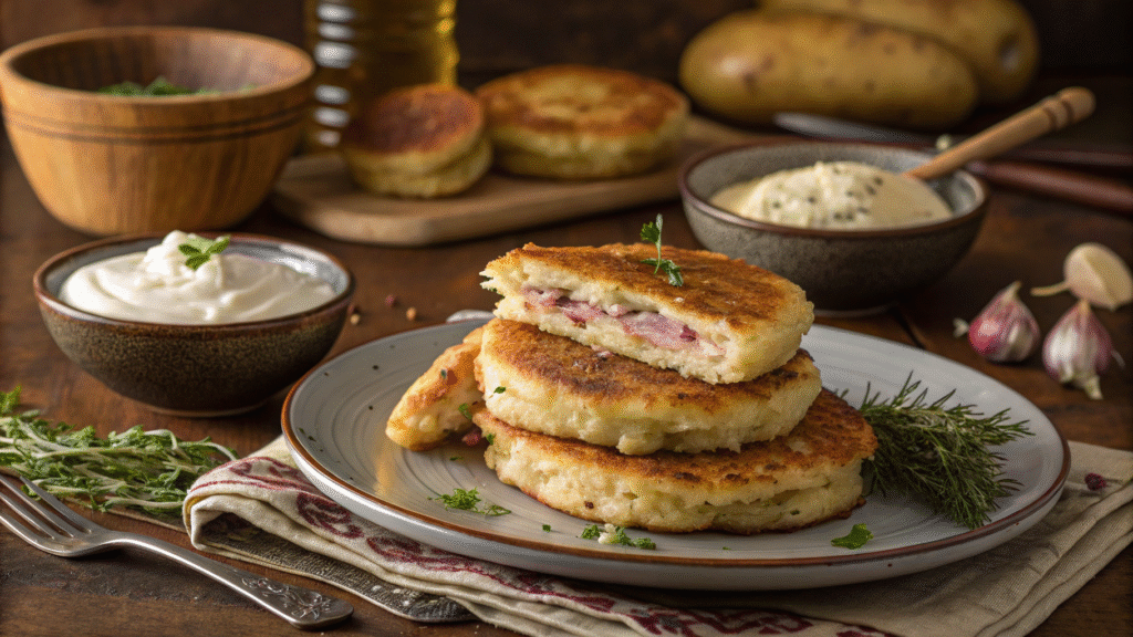 Golden mashed potato pancakes with meat filling on a plate, served with sour cream and herbs.