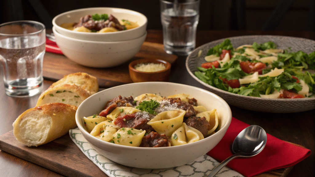 Serving Cheesesteak Tortellini with garlic bread, salad, parsley garnish, and parmesan on a dinner table.
