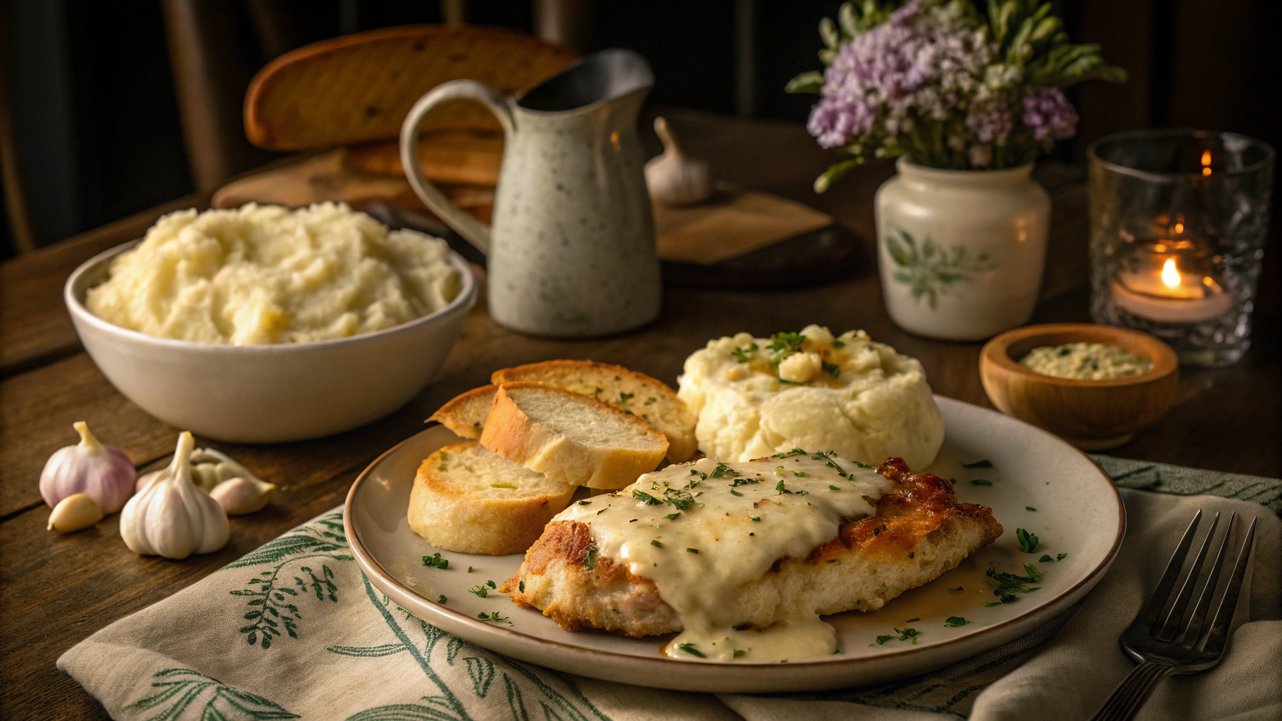 Rustic dinner table with creamy garlic parmesan chicken and cozy sides.