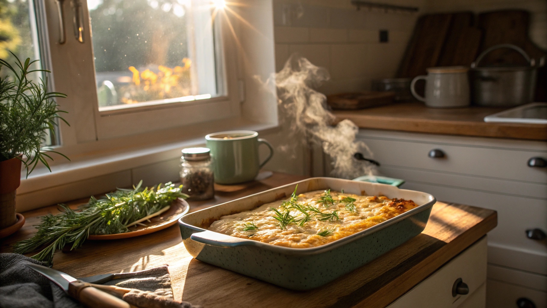 Hash brown egg casserole fresh out of the oven in a cozy kitchen with morning sunlight.