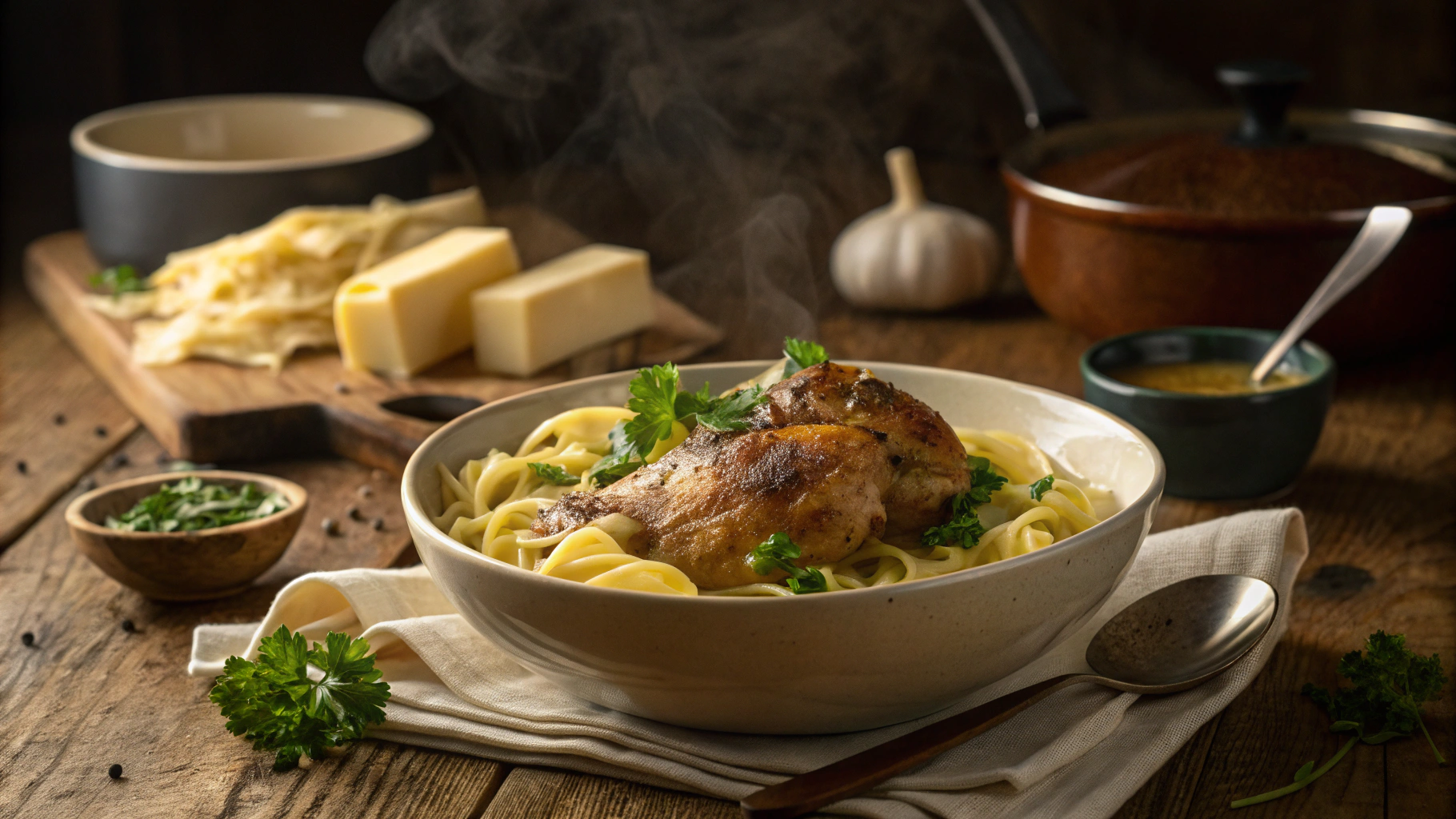 A warm bowl of Chicken with Buttered Noodles on a rustic table with herbs and garlic nearby.