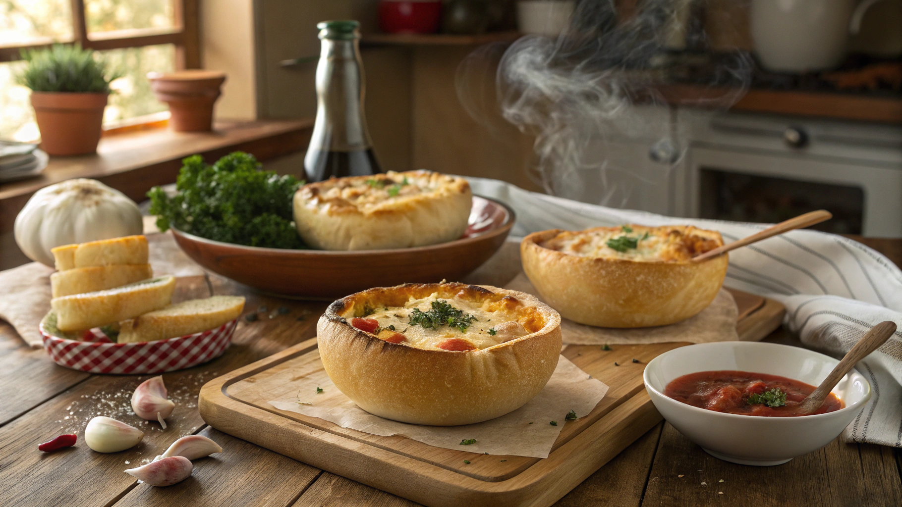 Rustic-style spaghetti garlic bread bowls on a wooden table with steam and fresh herbs.