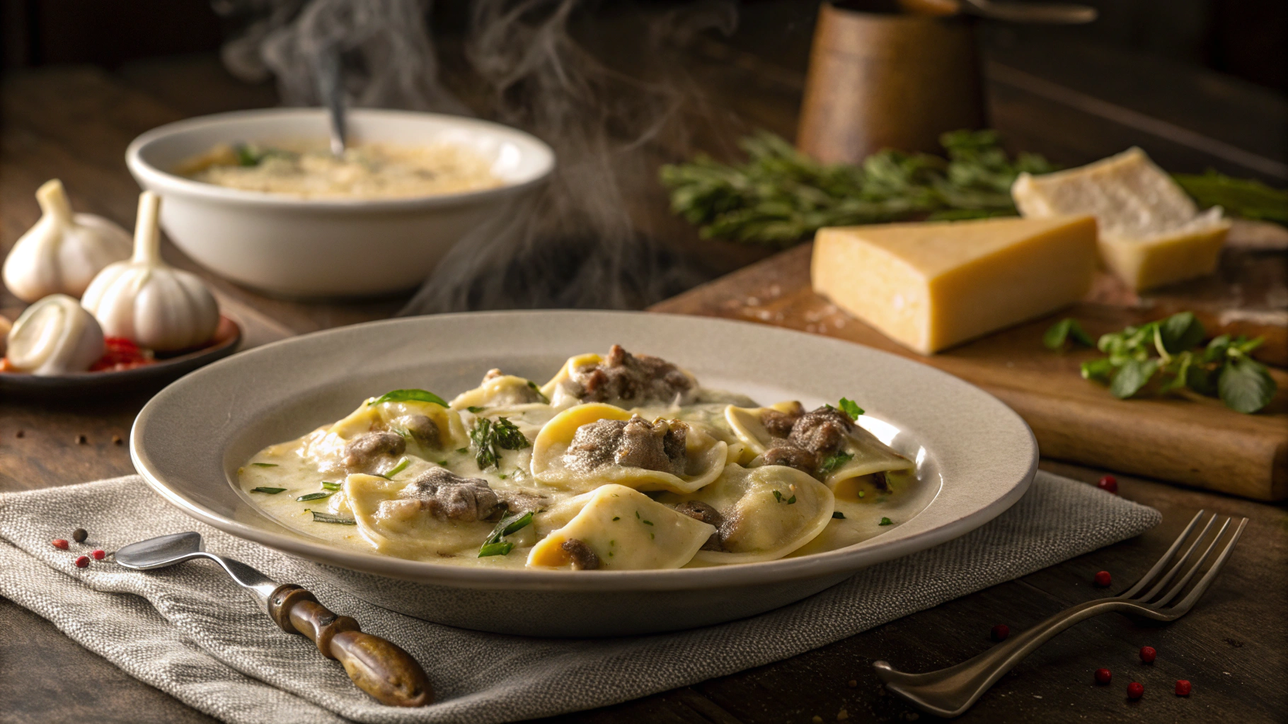 A warm and creamy Cheesesteak Tortellini dish served on a rustic table with garlic, herbs, and cheese.