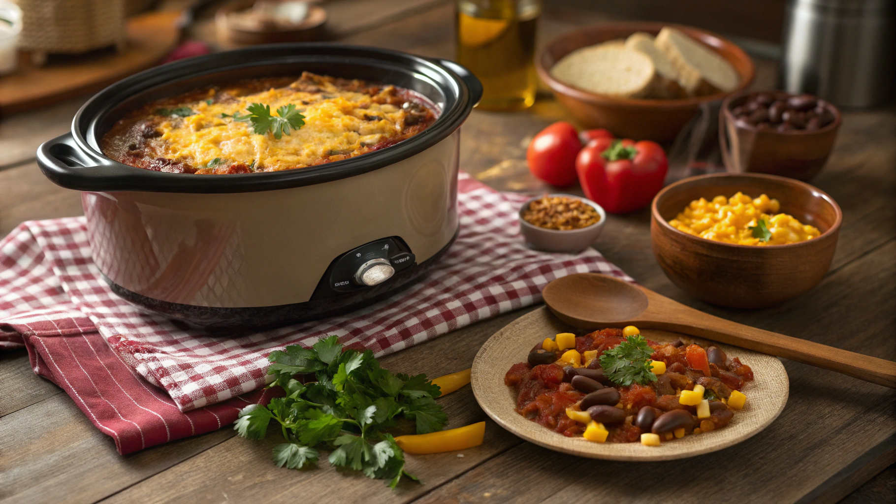 A slow cooker filled with Cowboy Casserole topped with melted cheddar cheese and parsley.