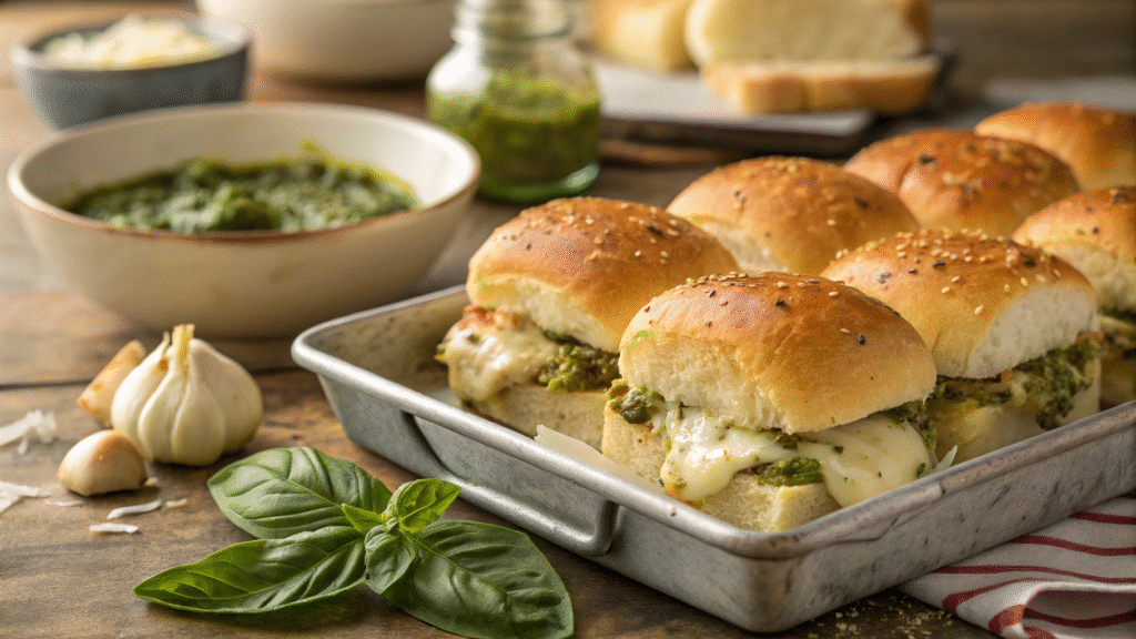 Tray of cheesy garlic pesto chicken sliders with melted cheese, fresh basil, and pesto bowl on a rustic table.