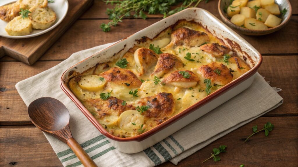 Freshly baked Chicken and Potato Bake in a casserole dish with herbs.