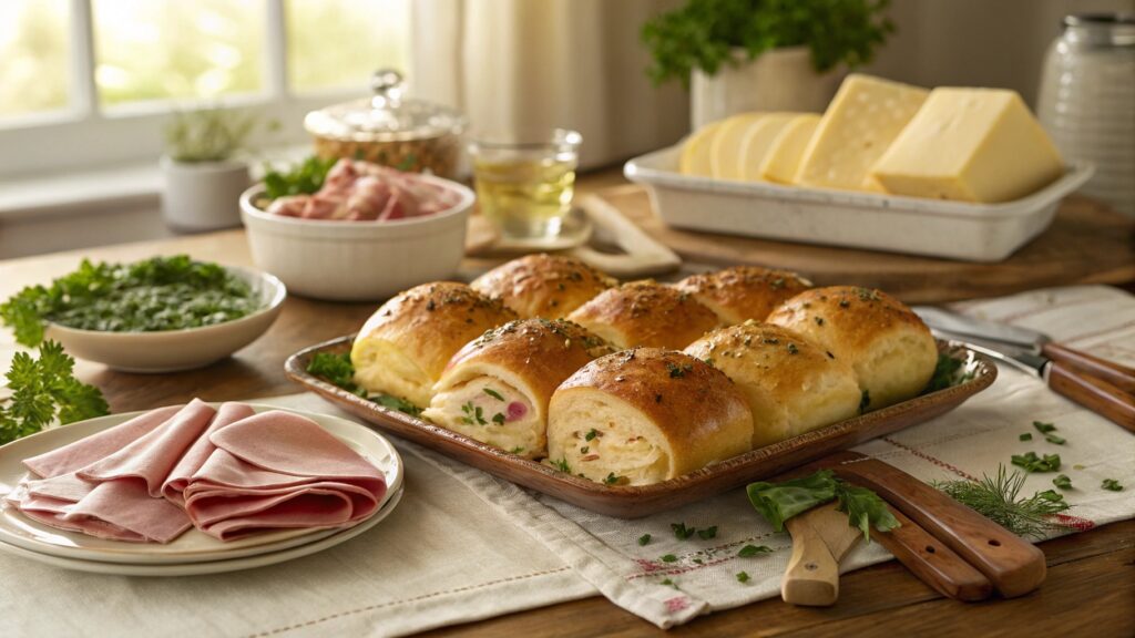 A rustic table with freshly baked ham and cheese rolls surrounded by cheese, ham slices, and parsley.