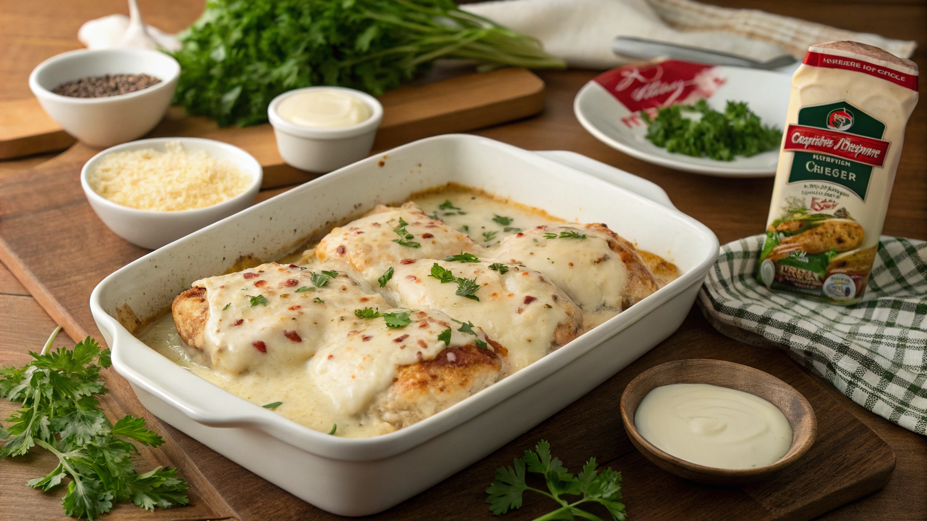 A baking dish filled with Creamy Ranch Chicken topped with melted Pepper Jack cheese and garnished with parsley.