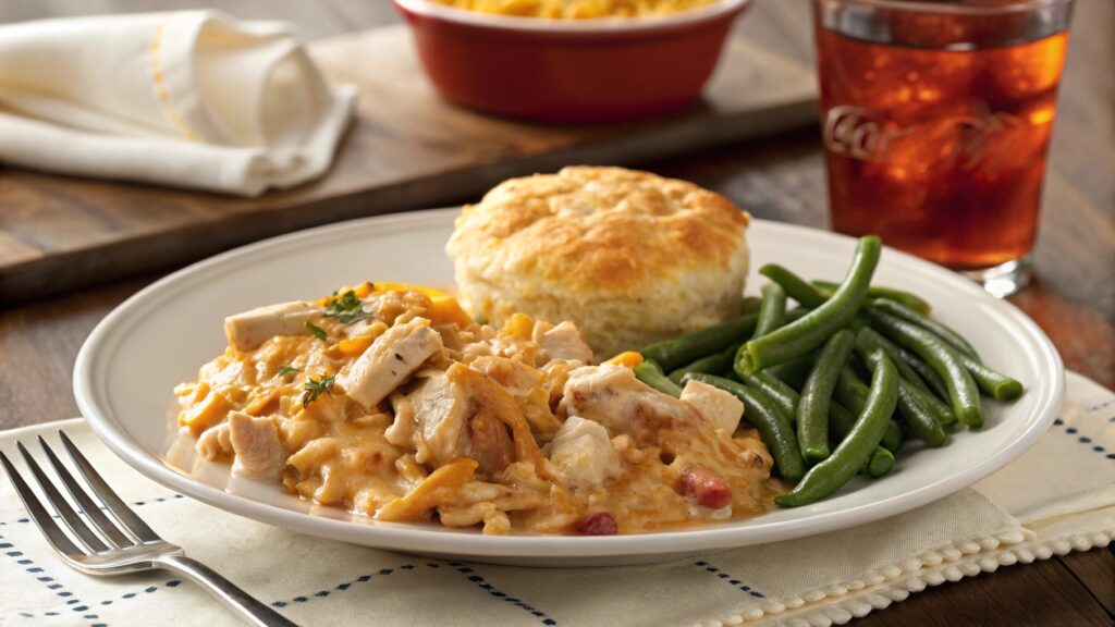 Chicken Hashbrown Casserole served on a dinner plate with green beans.