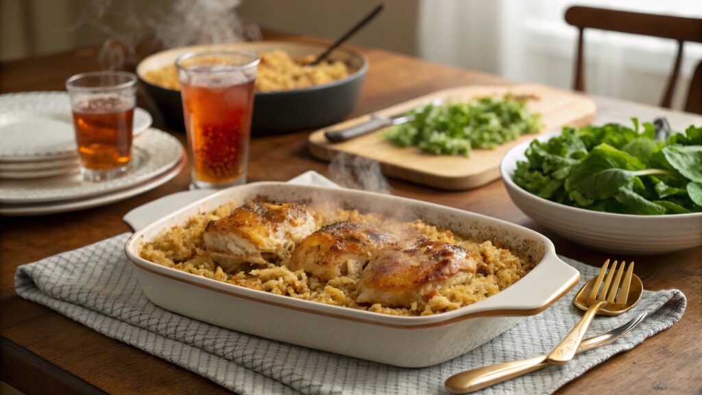 One-Pan Chicken and Rice Bake served family-style with salad and drinks.